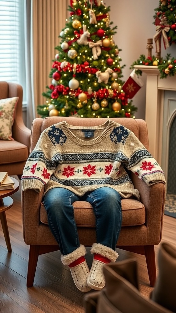 A stylish Christmas outfit laid out in a cozy living room with a decorated Christmas tree.